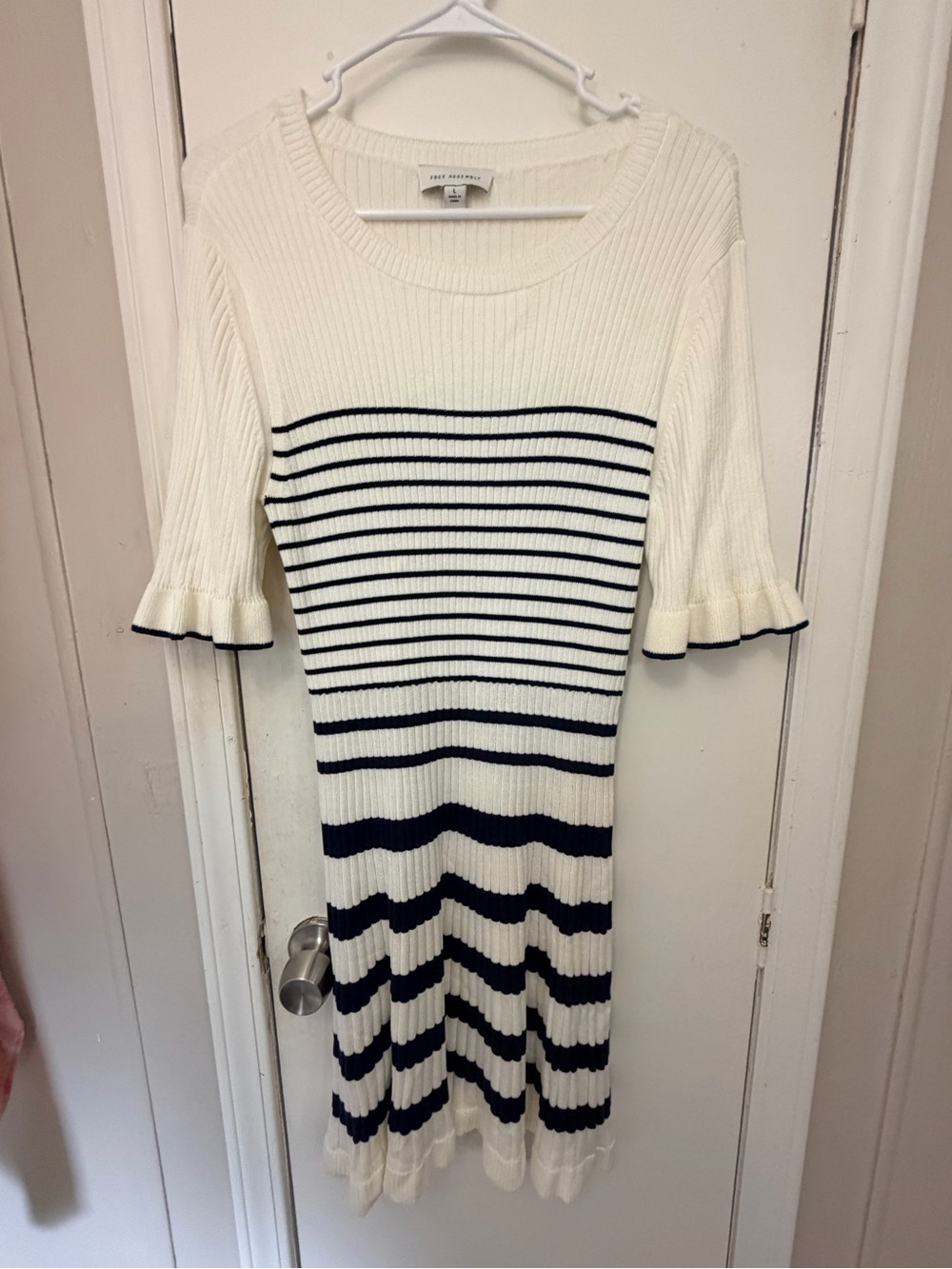 Ribbed Cream Midi Dress with Navy Stripes and Ruffle Sleeves